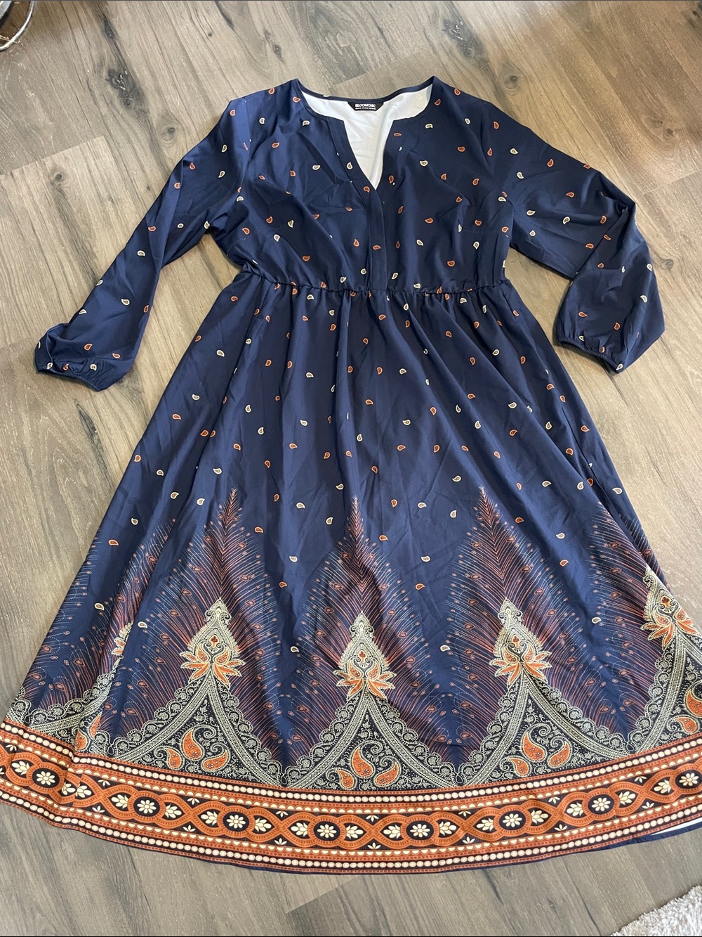 Bloomchic Navy Long-Sleeve Border-Print Midi Dress, Size 14-16